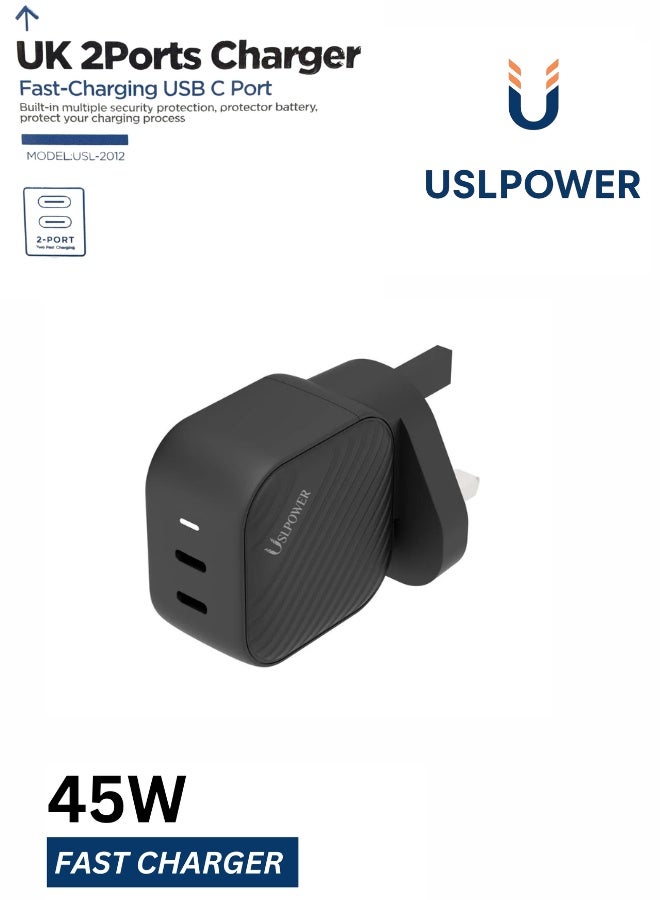 USLPOWER 45W USB-C Power Adapter GaN Fast Charger, Dual USB-C PD Wall Charger, Super Fast Charging, UK Plug, for Smartphone Tablet Laptop Travel Use - Image 1